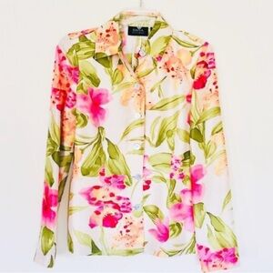 100% silk Dana Buchman Pink and Green Floral Blouse